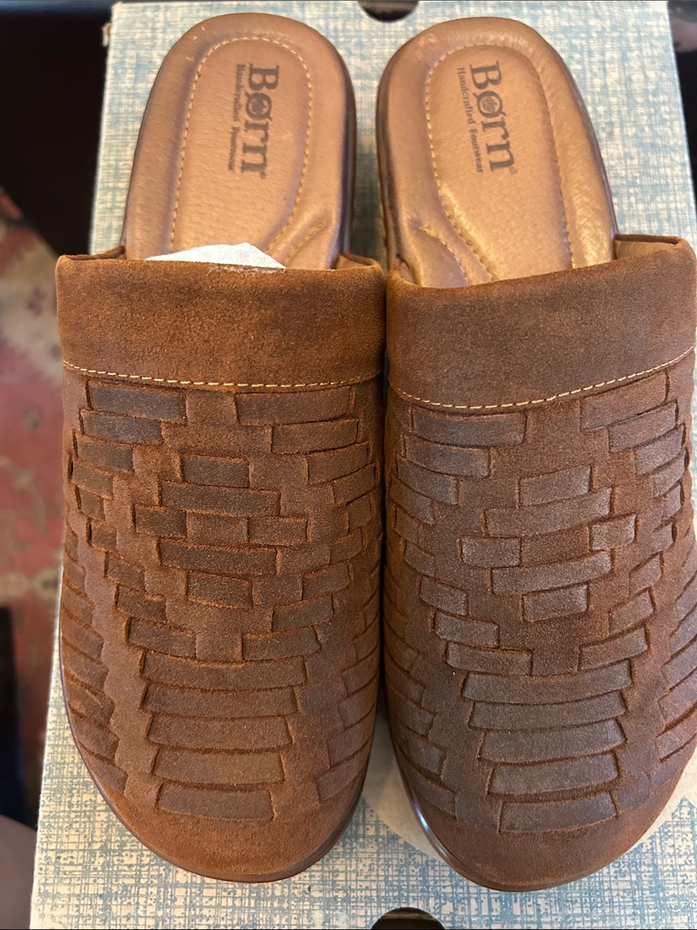 Born Yucatán Brown Woven Suede Slide Mules new in box